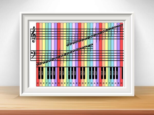 Four Octave Rainbow Note Poster with Piano Guide including ledger lines