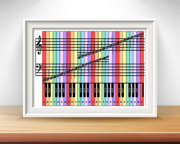 Four Octave Rainbow Note Poster with Piano Guide including ledger lines