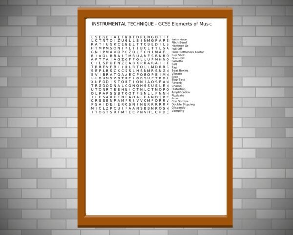 GCSE Music Wordsearch on Instrumental Technique